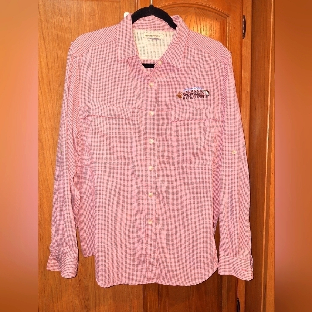 Exofficio men's long sleeve button-down shirt. Iarge. It's a red Ginghan Pattern